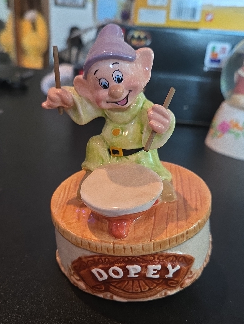 Dopey Ceramic Figurine Music Box - Green and Purple